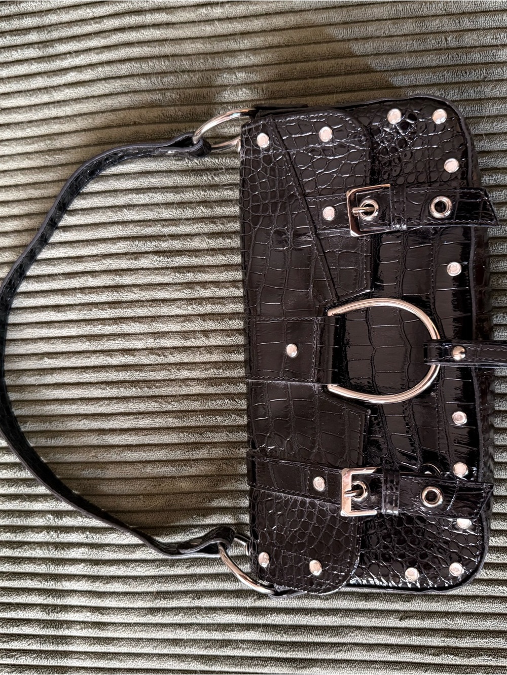 Y2K Black Croc-Embossed Studded Shoulder Bag